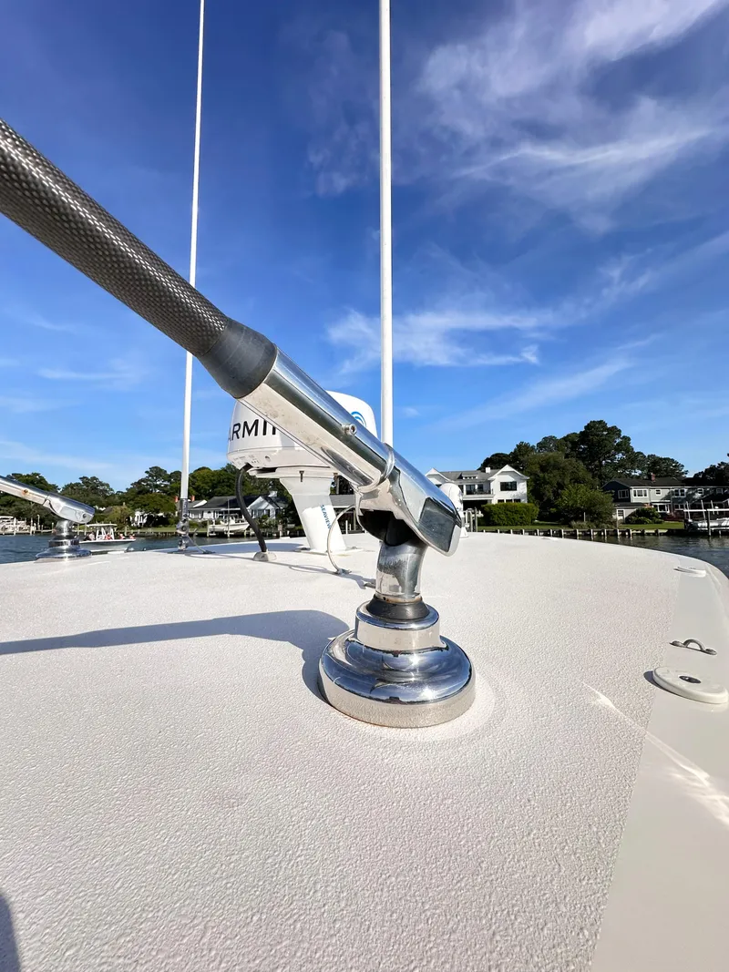 Slide: The Image of Close-up of 2019 Jupiter 30 HFS boat deck with clear blue sky. - 31