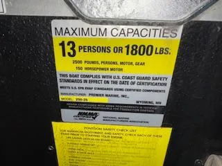 Slide: The Image of Maximum capacity label for Premier 250 Grand Majestic LTD, 13 persons or 1800 lbs, 150 HP motor. - 8