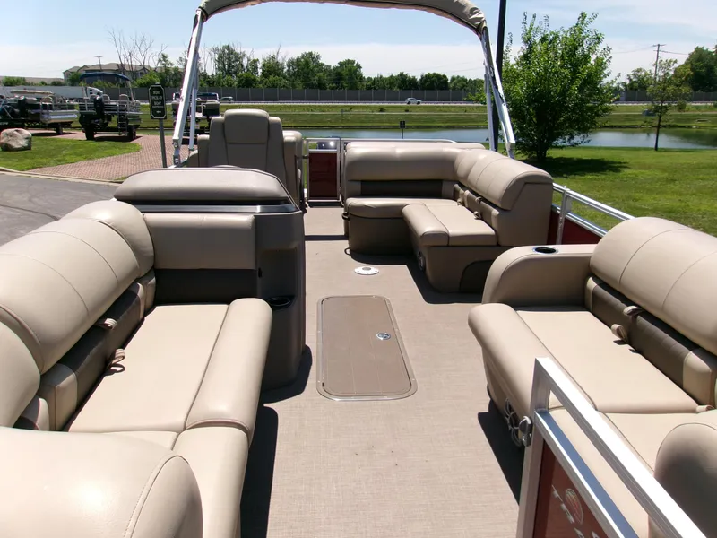 Slide: The Image of 2024 Sun Tracker Party Barge 22 RF XP3 interior with spacious seating and modern design. - 3