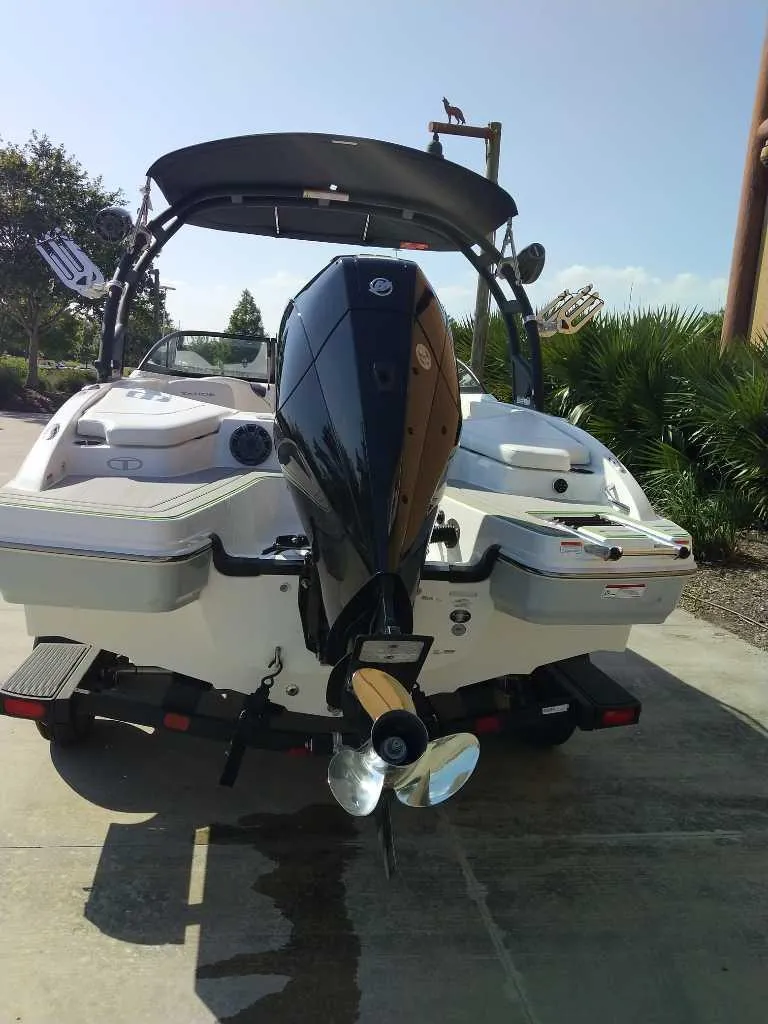 Slide: The Image of 2024 Tahoe 210 S boat with outboard motor, rear view. - 5