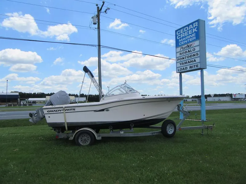 Slide: The Image of 2009 Grady-White Tournament 185 boat on trailer at Cedar Creek Marine Center. - 1