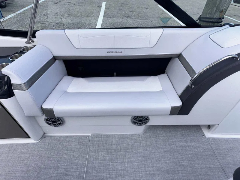 Slide: The Image of 2025 Formula 350 Crossover Bowrider I/O interior seating with sleek design and modern upholstery. - 19