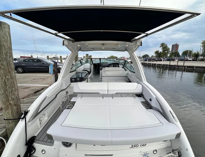 Slide: The Image of 2025 Formula 350 Crossover Bowrider I/O docked, showcasing spacious seating and sleek design. - 2