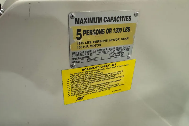 Slide: The Image of 1996 Sylvan VIPER boat capacity and safety checklist label. - 15