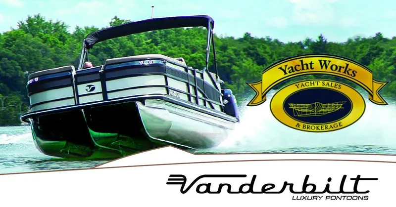 Slide: The Image of Vanderbilt 700 T 2024 luxury pontoon boat on water, Yacht Works logo in background. - 0