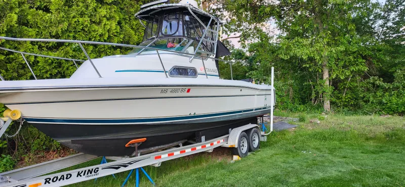 The Image of 1999 Stamas 250 Express boat on trailer, parked on grass near trees. - 0