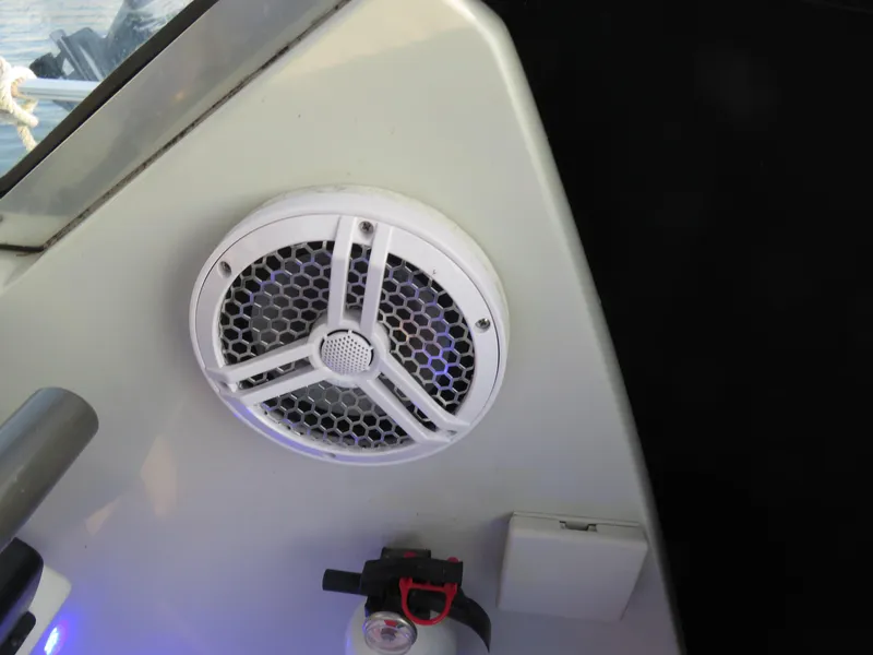 Slide: The Image of Speaker and fire extinguisher on 1999 Stamas 250 Express boat interior. - 10