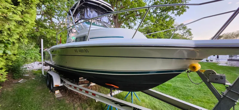 Slide: The Image of 1999 Stamas 250 Express boat on trailer, parked on grass with trees in background. - 19