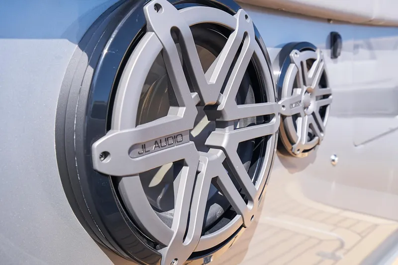 Slide: The Image of Close-up of JL Audio speakers on a 2018 Midnight Express 43 Open boat. - 33