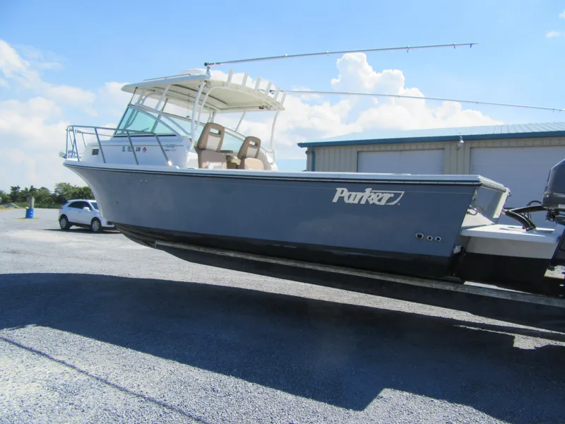 Slide: The Image of 2019 Parker 2810 XLD Walkaround boat on trailer, side view. - 3