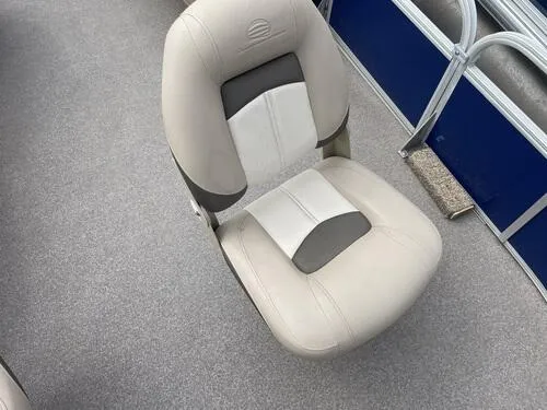 Slide: The Image of 2016 Sun Tracker Fishin' Barge 20 DLX boat seat, beige and gray upholstery. - 6