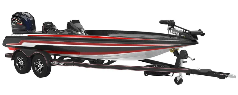 The Image of 2024 Skeeter ZX200 bass boat with trailer, black and red design. - 1