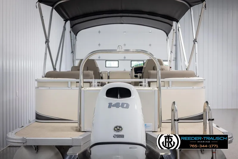 Slide: The Image of 2024 Tahoe LTZ QL pontoon boat with 140 HP engine in showroom. - 7