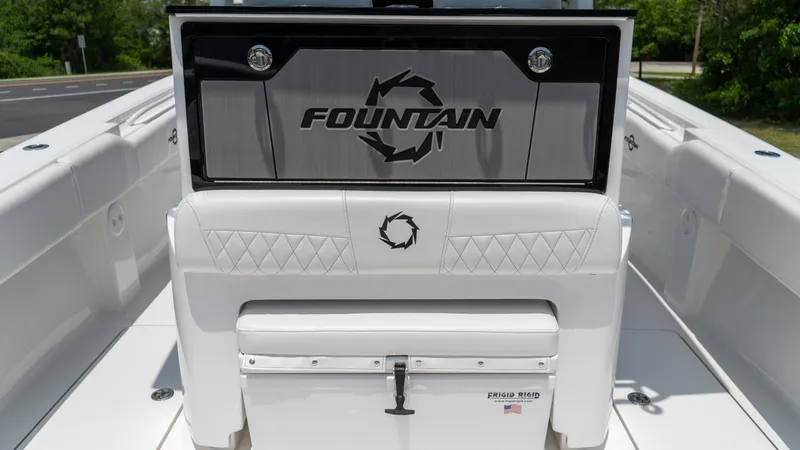 Slide: The Image of 2025 Fountain 38 TE boat interior with logo and seating. - 25