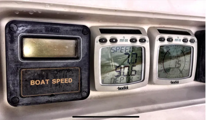 Slide: The Image of Boat speed and depth gauges on a 1987 Norseman 400 yacht dashboard. - 24