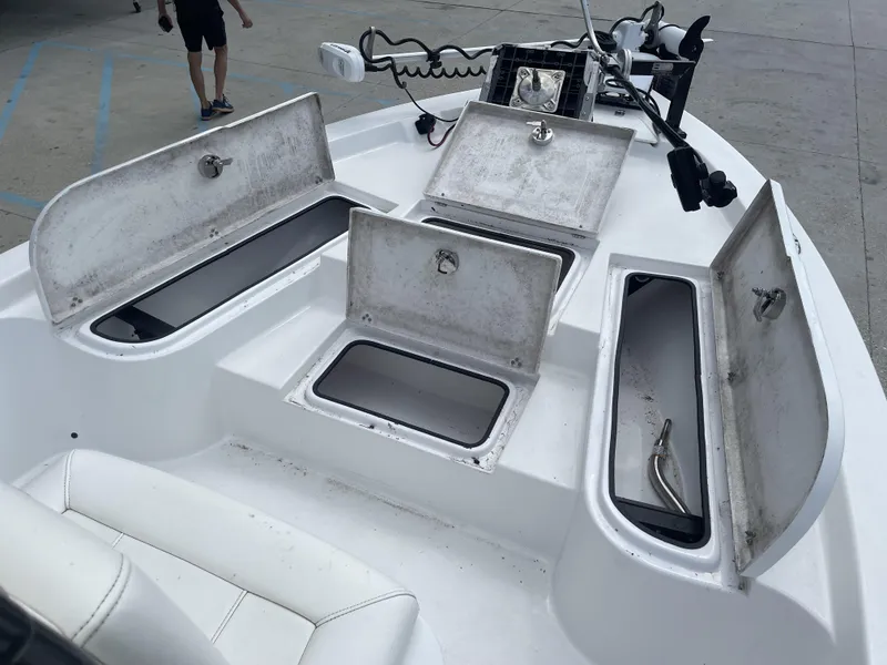 Slide: The Image of Open storage compartments on a 2020 Blazer boat model, photographed in 2021. - 26