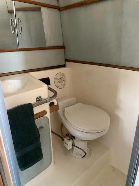 Slide: The Image of 1989 Sea Ray '30 Sundancer bathroom with toilet, sink, and storage cabinets. - 6