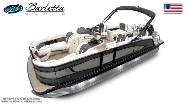 Slide: The Image of 2024 Barletta Boats Lusso L23M luxury pontoon boat with elegant seating and sleek design. - 1