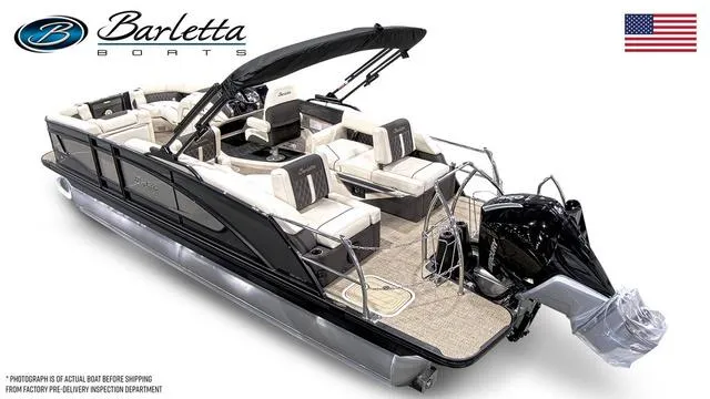 Slide: The Image of 2024 Barletta Boats Lusso L23M pontoon boat with luxurious seating and sleek design. - 2