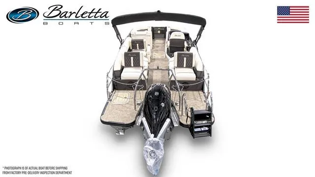Slide: The Image of 2024 Barletta Boats Lusso L23M pontoon boat, top view, luxury seating, and American flag. - 3