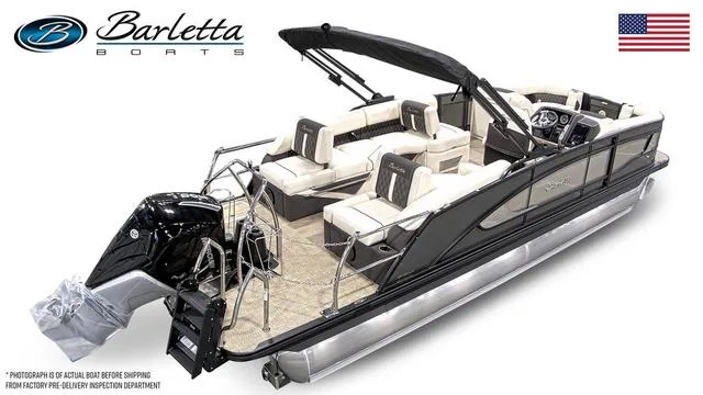 Slide: The Image of 2024 Barletta Boats Lusso L23M pontoon boat with luxurious seating and modern design. - 4