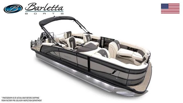 Slide: The Image of 2024 Barletta Boats Lusso L23M pontoon boat with luxurious seating and sleek design. - 5