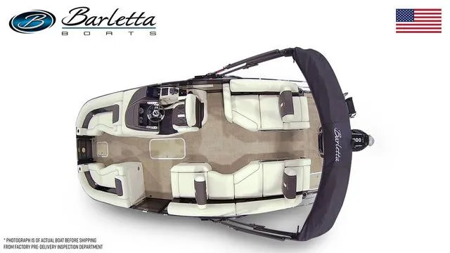 Slide: The Image of 2024 Barletta Boats Lusso L23M pontoon boat, top view, luxury seating, and helm station. - 7