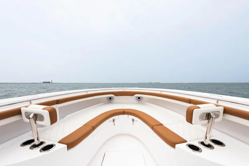 Slide: The Image of 2022 Mag Bay 33cc boat bow seating area with ocean view. - 11