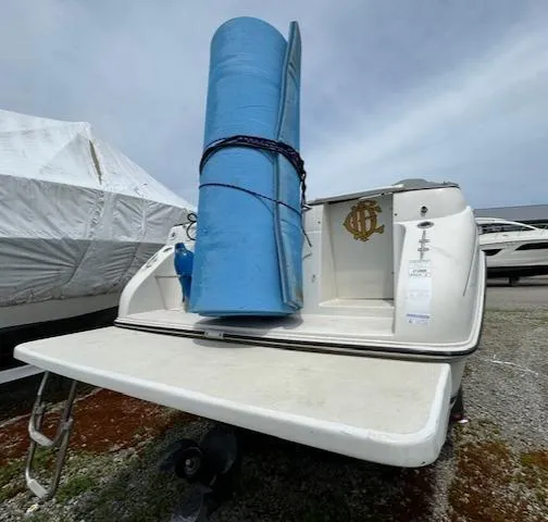 Slide: The Image of 1995 Regal 256 Commodore boat with blue rolled mat on deck. - 9