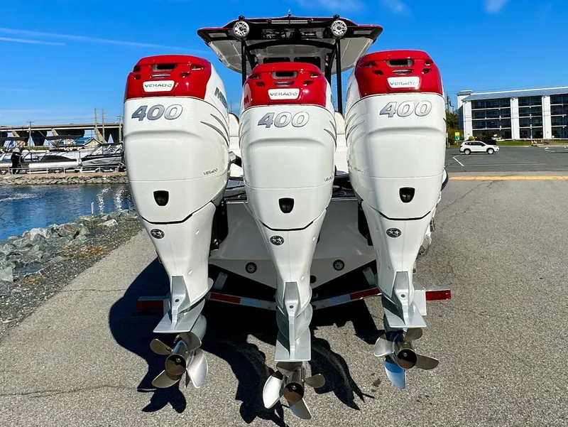 Slide: The Image of 2023 Glasstream 360 GSX Pro with triple 400 horsepower outboard engines. - 3