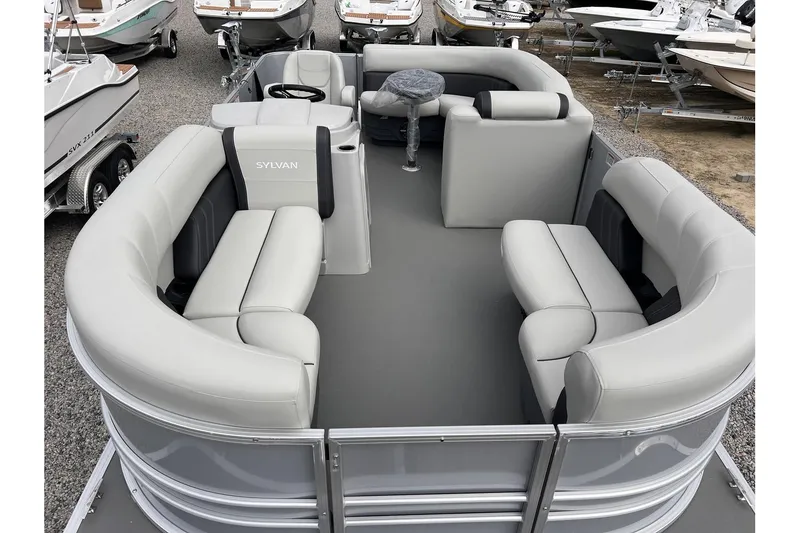 Slide: The Image of 2024 Sylvan Mirage 818 Cruise pontoon boat with spacious seating and modern design. - 12
