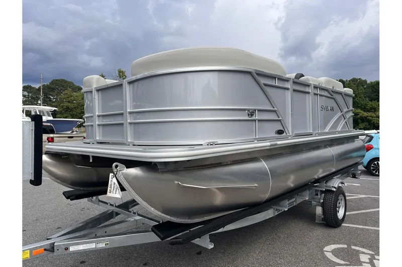 Slide: The Image of 2024 Sylvan Mirage 818 Cruise pontoon boat on a trailer. - 6