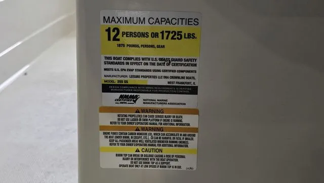 Slide: The Image of Capacity label for Crownline 255 SS boat, 12 persons or 1725 lbs. - 29