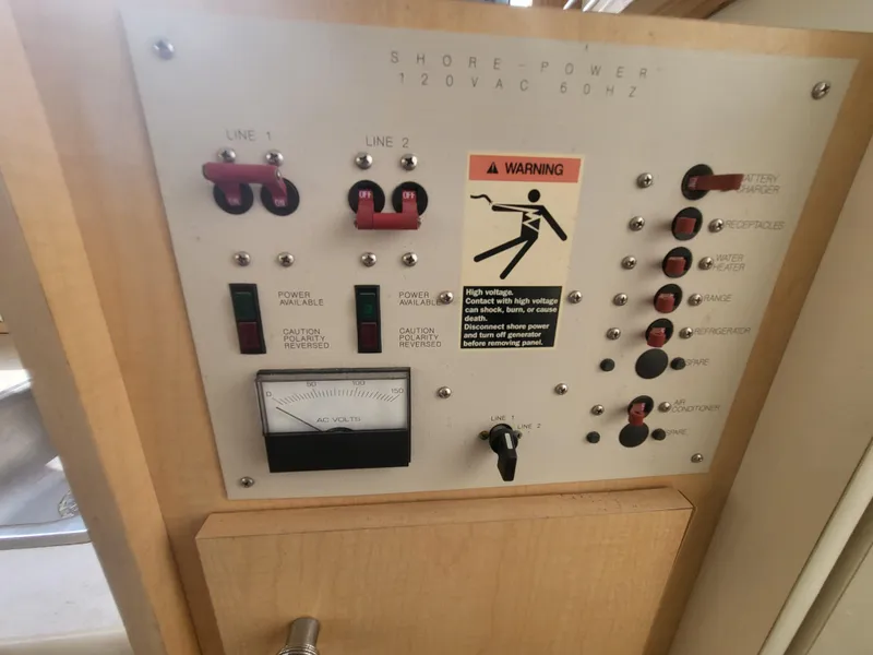 Slide: The Image of Control panel of a 2000 Bayliner 2859 Ciera Express boat, featuring shore power switches. - 25