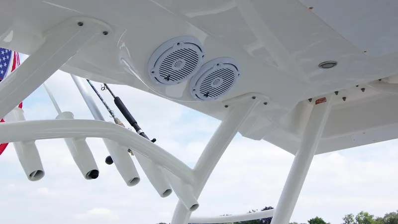 Slide: The Image of 2019 Regulator 41 boat with rod holders and speakers. - 8