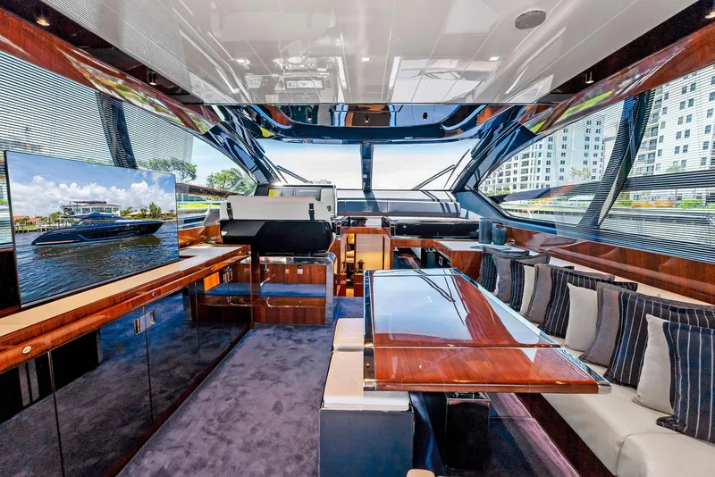Slide: The Image of Luxurious interior of a 2020 Riva 66' Ribelle yacht with modern furnishings and large windows. - 23