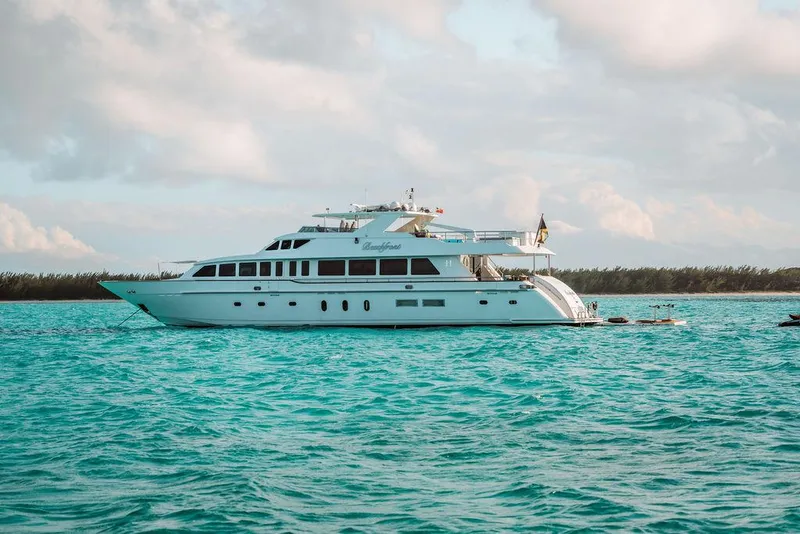 Slide: The Image of 2006 Hargrave Motor Yacht cruising on turquoise waters under a partly cloudy sky. - 2