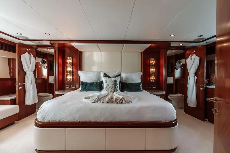 Slide: The Image of Luxurious master bedroom on a 2006 Hargrave Motor Yacht with elegant wood finishes. - 21