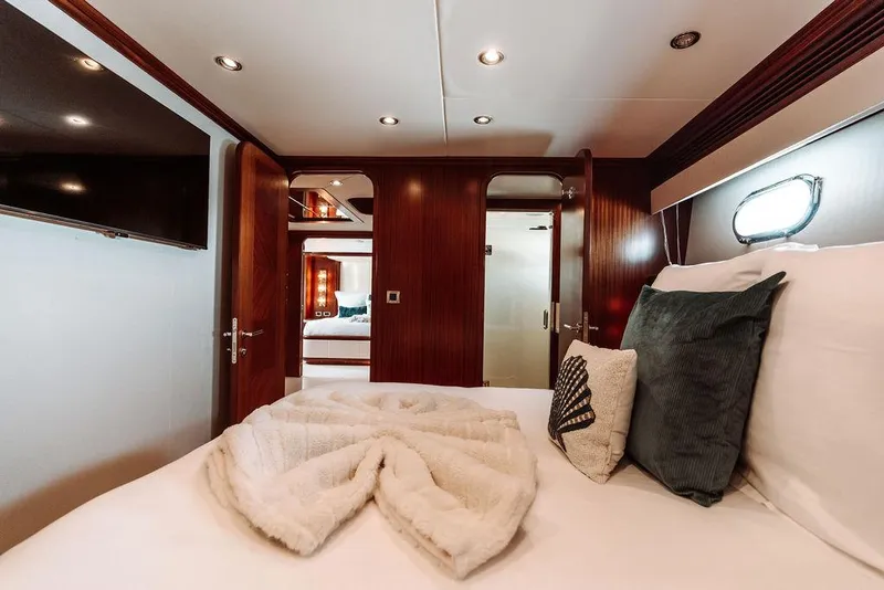 Slide: The Image of Luxurious bedroom in a 2006 Hargrave Motor Yacht with modern decor and cozy bedding. - 45