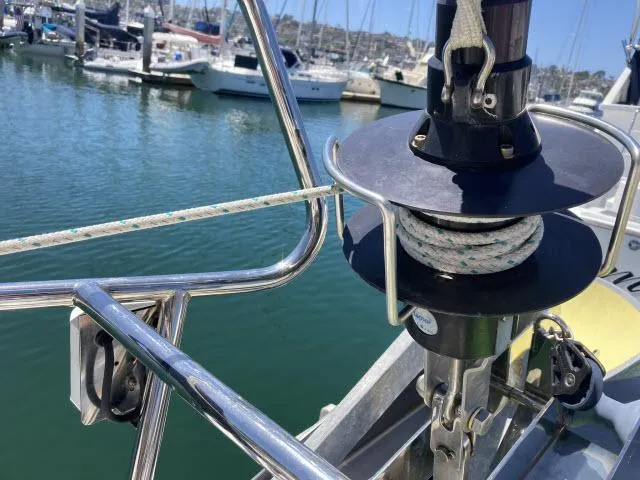 Slide: The Image of Close-up of Beneteau Oceanis 45 sailboat rigging in a marina, 2014 model. - 43