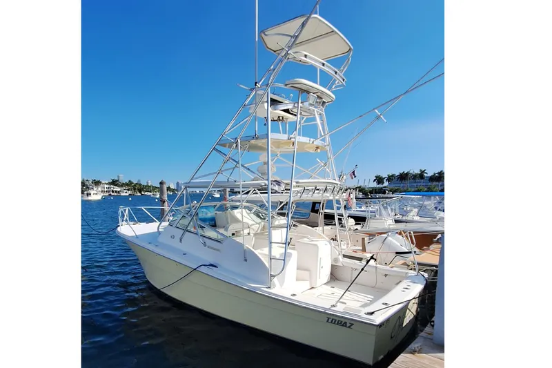 The Image of 2001 Topaz Express boat docked at marina under clear blue sky. - 0