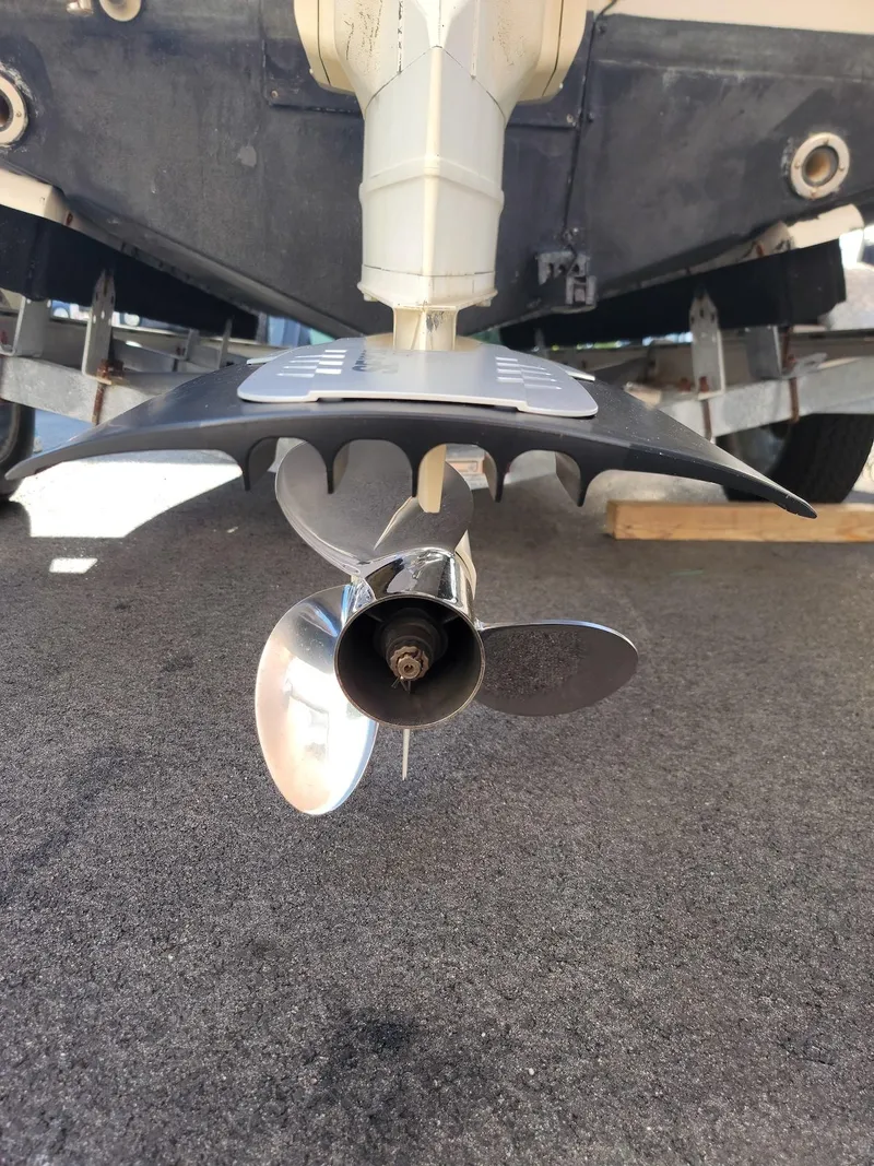 Slide: The Image of Close-up of 2014 Zodiac Medline 580 boat propeller and lower unit. - 26