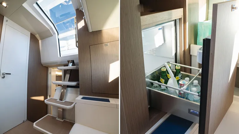 Slide: The Image of Interior of 2025 Fiart 43 Seawalker yacht with modern staircase and built-in refrigerator. - 6