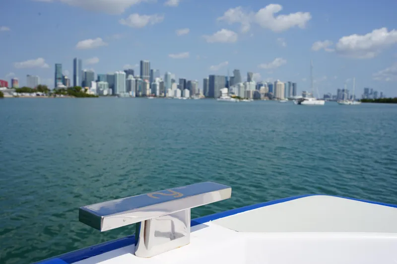 Slide: The Image of Nassima Yacht N40 (2025) cruising with city skyline in the background. - 15