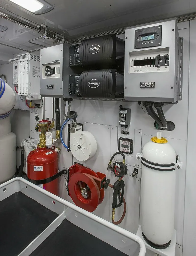 Slide: The Image of Engine room of 2019 Nordlund Expedition Yachtfisher with safety and electrical equipment. - 49
