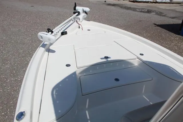 Slide: The Image of 2021 Blue Wave 2000 Pure Bay boat deck with trolling motor, white finish. - 14