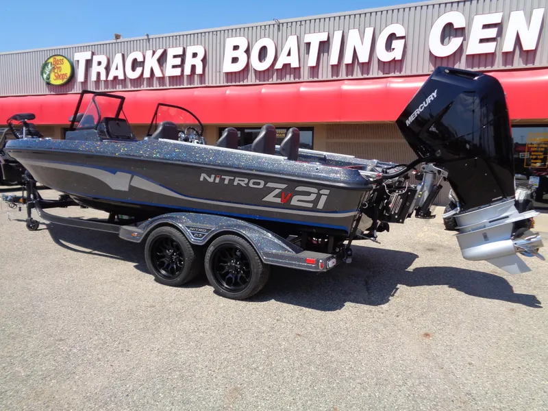 Slide: The Image of 2024 Nitro ZV21 boat on trailer at Tracker Boating Center. - 2