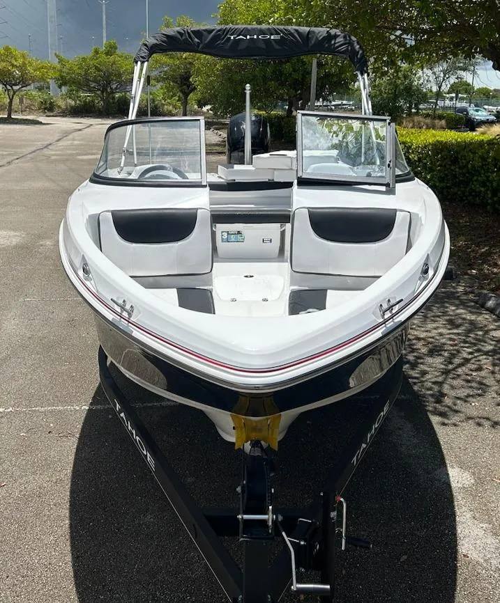 Slide: The Image of 2024 Tahoe 200 S boat with dual consoles and seating, parked on a trailer. - 2