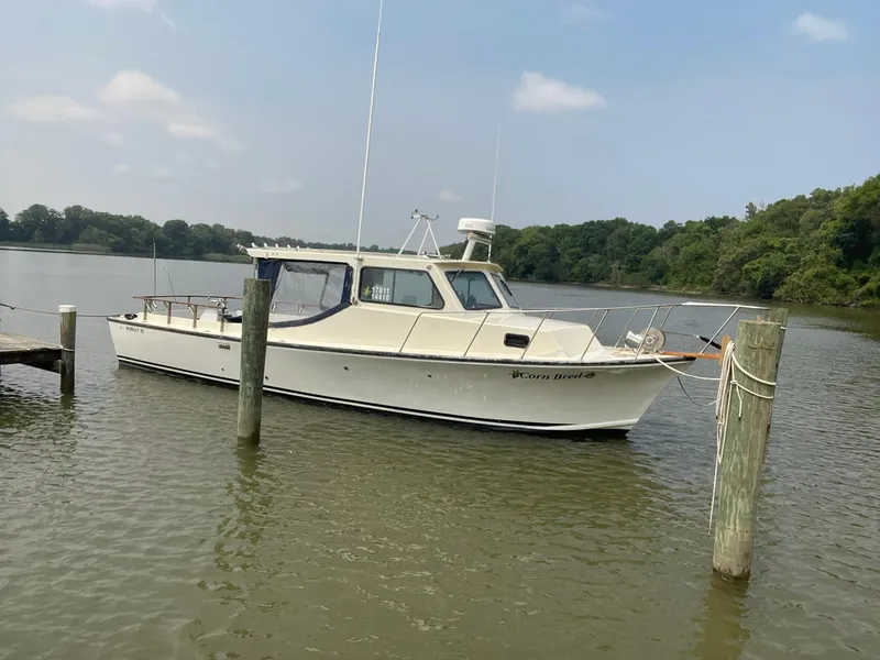 Slide: The Image of 1998 Markley 35 Ft. Deadrise boat docked on a calm river. - 5