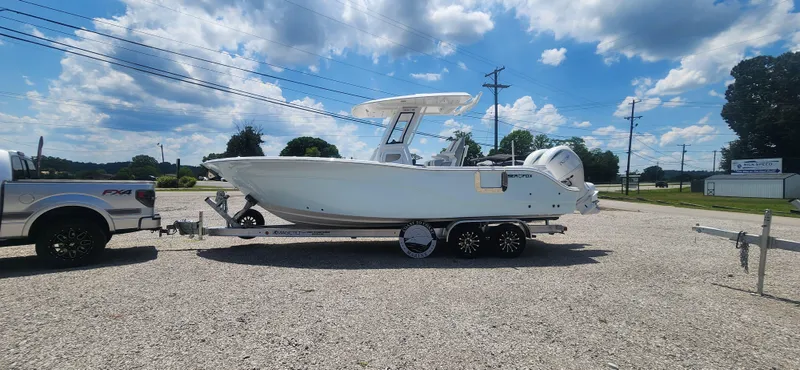 Slide: The Image of 2025 Sea Fox 268 Commander boat on a trailer, ready for transport. - 15